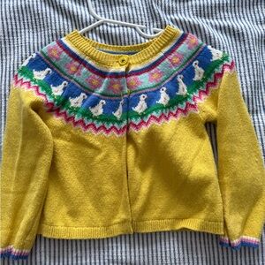 Mini Boden Yellow Cardigan with Multicolor Bird Fair Isle Yoke